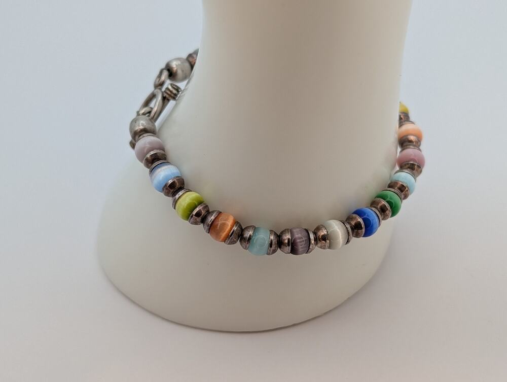 925 Sterling Silver Multicolor Cats Eye Bracelet Marked And Tested